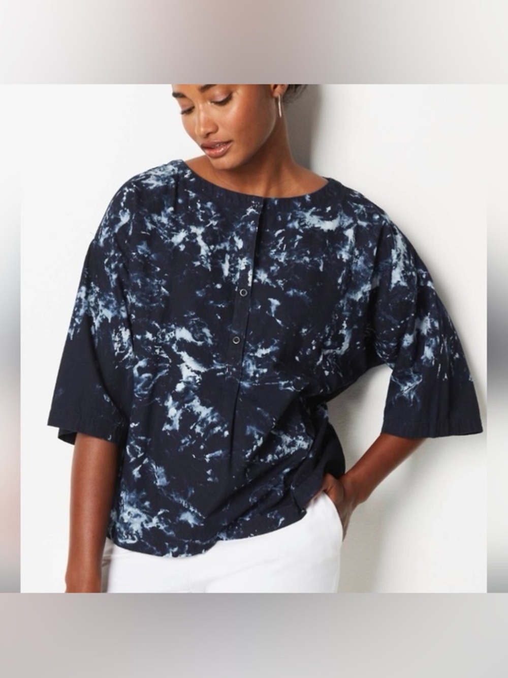 J Jill indigo blue marble print boxy top